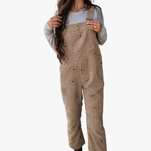 Women's Khaki Flower Print Corduroy Overalls